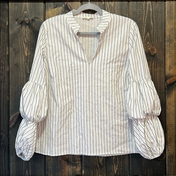 Jane & Delancey Blouse Size XL White Stripe Bishop Sleeves Metallic Top Cotton - Picture 1 of 11